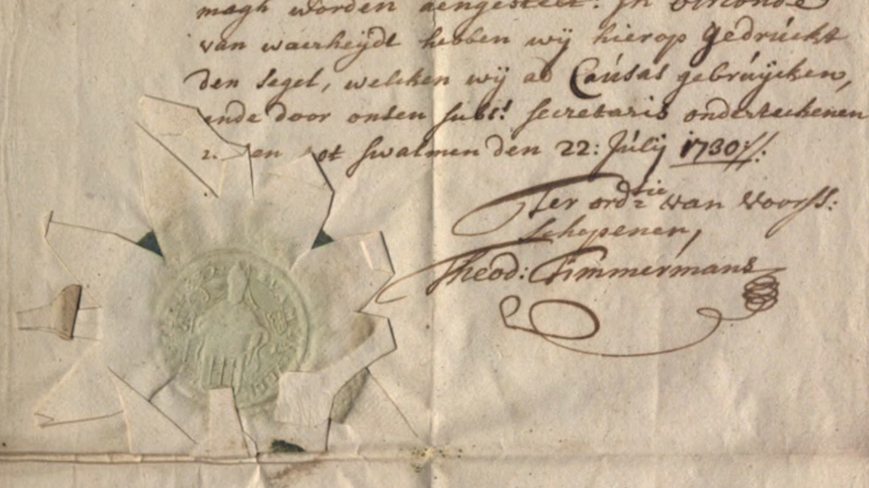 Gecacheteerd schepenbankzegel met handtekening van secretaris Theodorus Timmermans, 22 juli 1732 (Schloss Haag, inv.nr. 4180).