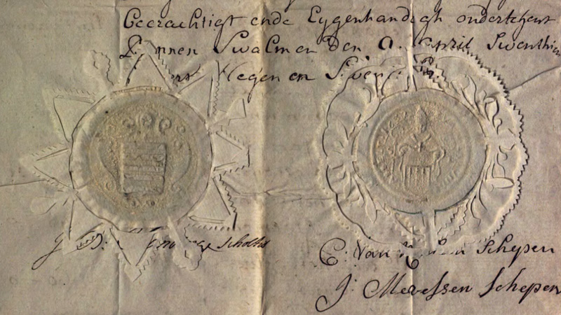 Gecacheteerde zegels van scholtis Joannes Bernardus Chanaoine en de schepenen Cornelis van Keeken en Joannes Mevessen namens de schepenbank, 9 april 1779 (Schloss Haag, inv.nr. 4242). 