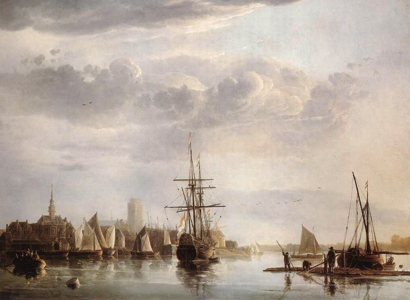 Zicht op Dordrecht, Aelbert Cuyp. Rechts een klein houtvlot.