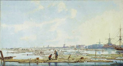 Een Rijnvlot na aankomst te Dordrecht, ca. 1800.