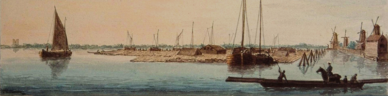 Houtvlotten op de Merwede in de Biesbosch, ca. 1775.