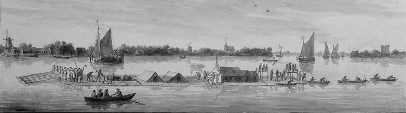 Aankomst van een houtvlot op de Merwede, ca. 1775