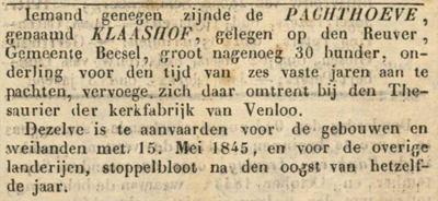 Markt en aankondigingsberichten, Venlo 4 januari 1845. 