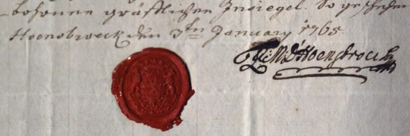 Zege en handtekening van Lotharius Frans markies van en tot Hoensbroeck, 1765