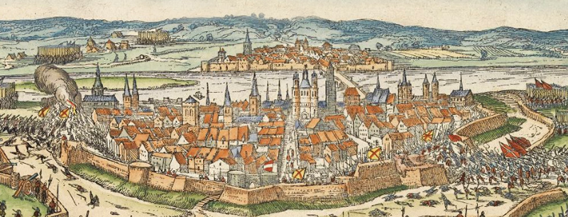 Maastricht met op de achtergrond de Maas. F. Hogenberg, 1590.