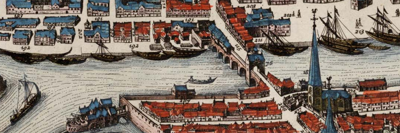 Luik 1649, detail van een gravure door Julius Milheuser.  Links van een van de bruggen over de Maas ligt een houtopslag.