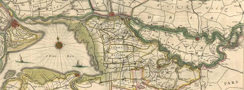 Zuydhollandia, Wilhelmus en Johannes Blaeu, 1645. Biesbosch en land van Maas en Waal, met geheel links Dordrecht.